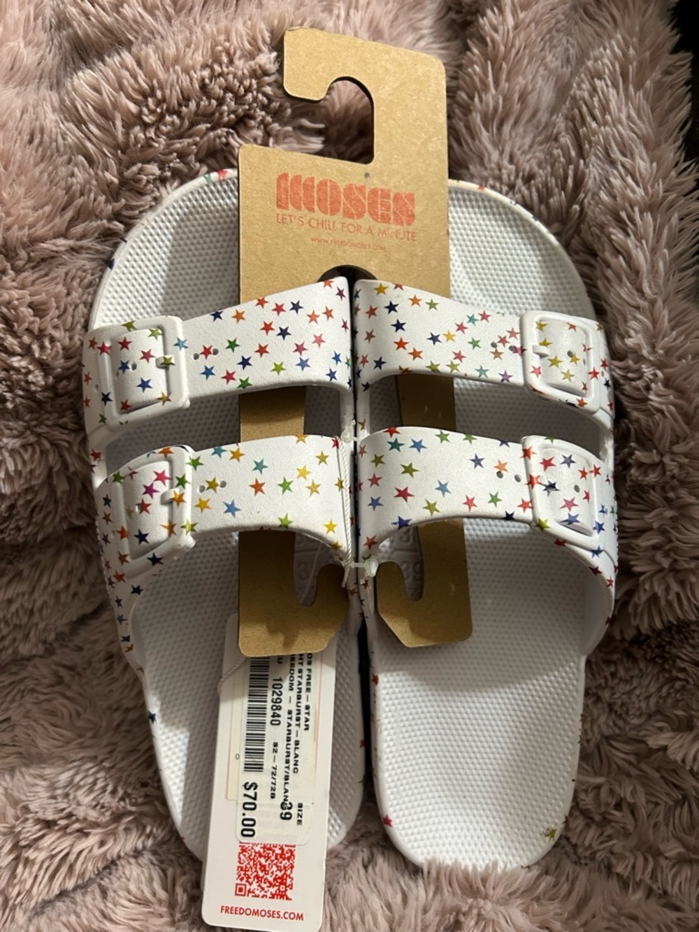 MOSES Women's White Star-Print Double-Strap Slide Sandals